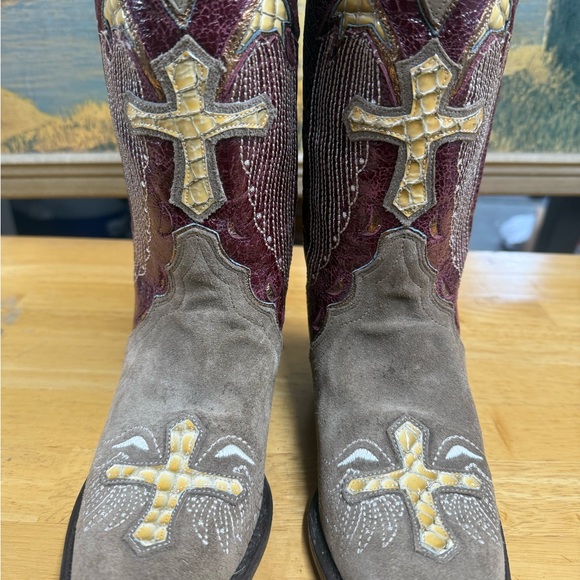 Sterling River Brown and Red Western Cowgirl Boots Cross angle wing, size 6B - Picture 2 of 8